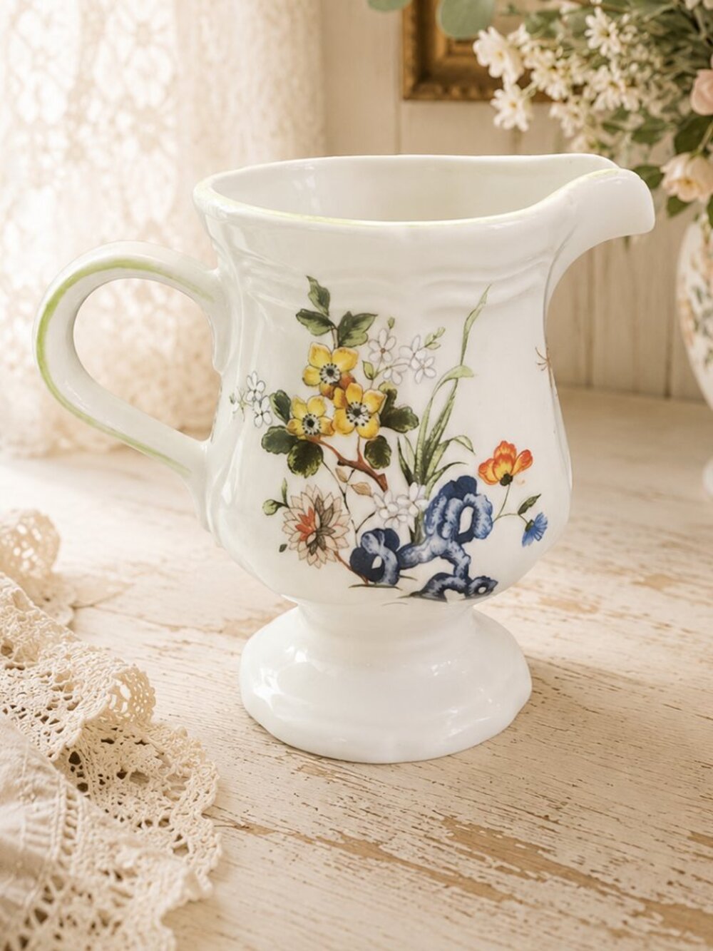 Vintage Mikasa Imari Bouquet Footed Creamer Floral Yellow and Blue Blossoms